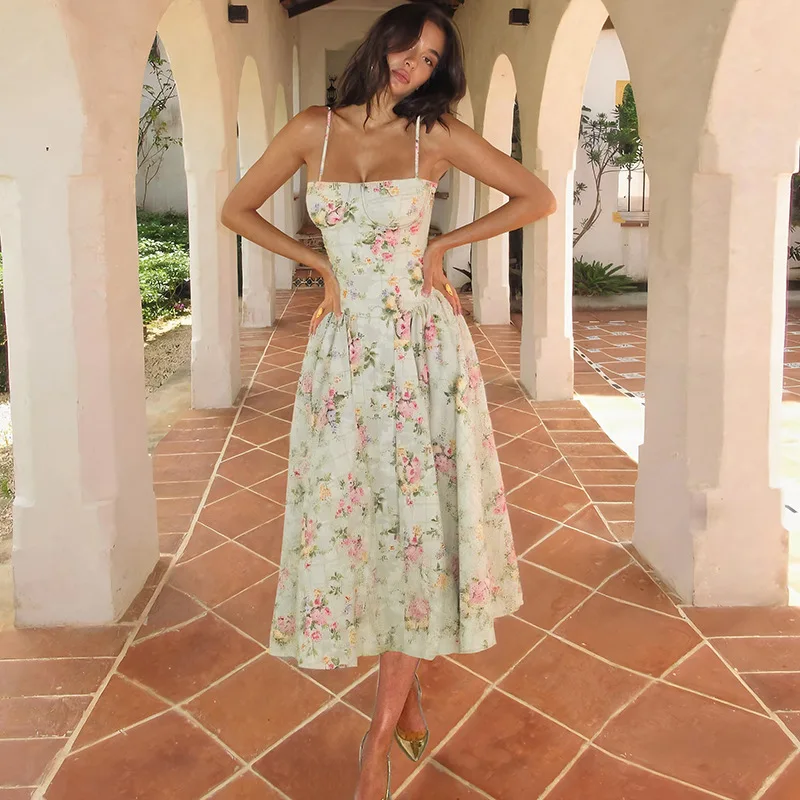 

2025 summer new French temperament sexy backless waist slim print dress women's club clothing Vestidos