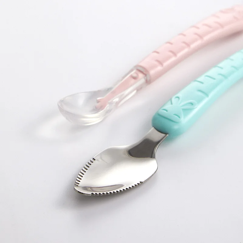 Baby Fruit Scraping Mud Spoon Double Head Silicone Stainless Steel Children Utensil Toddler Infant Food Feeding Tableware