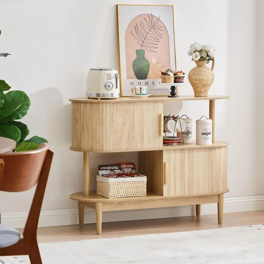 

Буфет с 2 открытыми секциями для хранения, овальный буфет с раздвижными дверцами, современный акцентный кофейный столик, деревянный кухонный шкаф для хранения