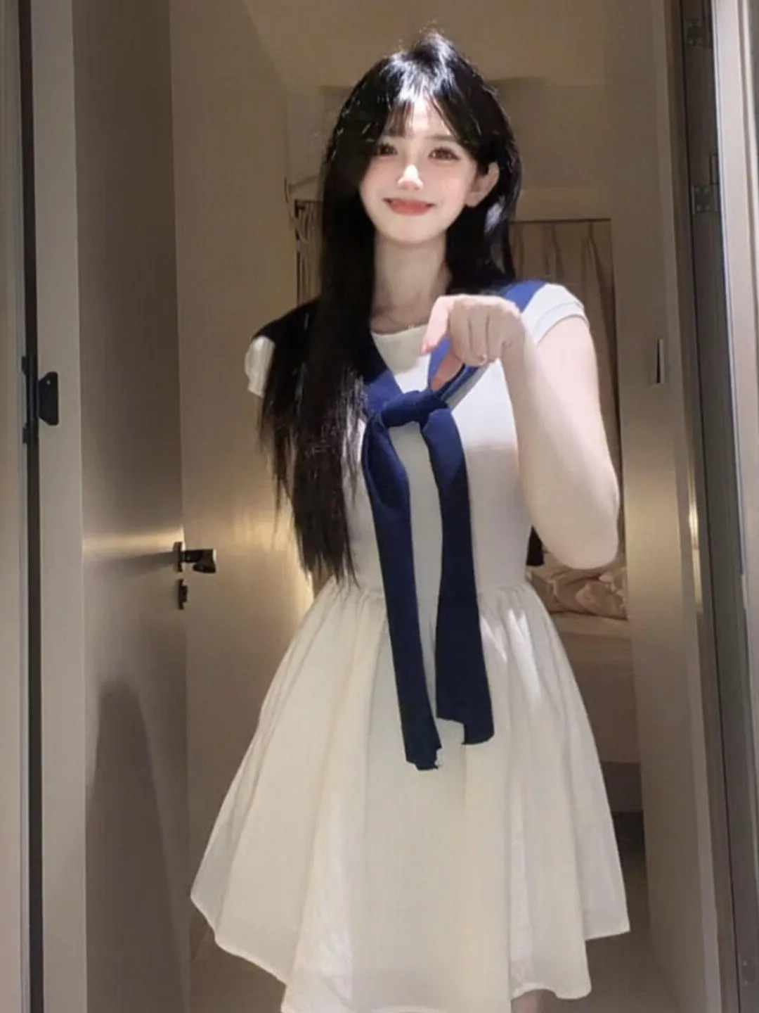 

Korean Style Gentle Wind Slimming Shoulder Design Beautiful Unique White Dress Spring City Walk A-Line Skirt Cotton Dress