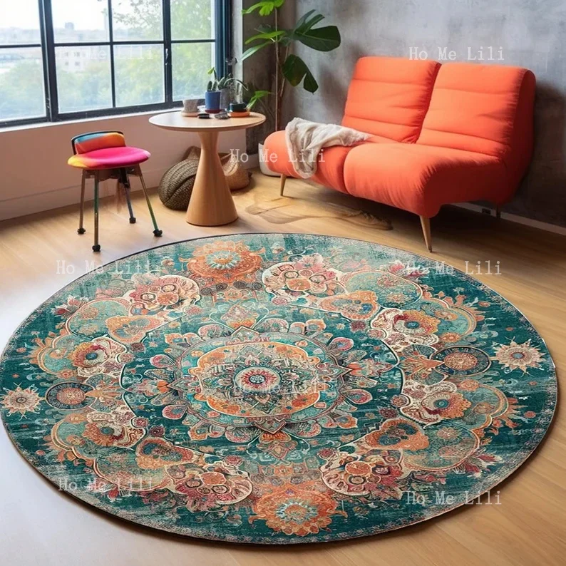 Turquoise Circle Rug Floral Medallion Mat Bordered Round Rug Gothic Circle Carpet