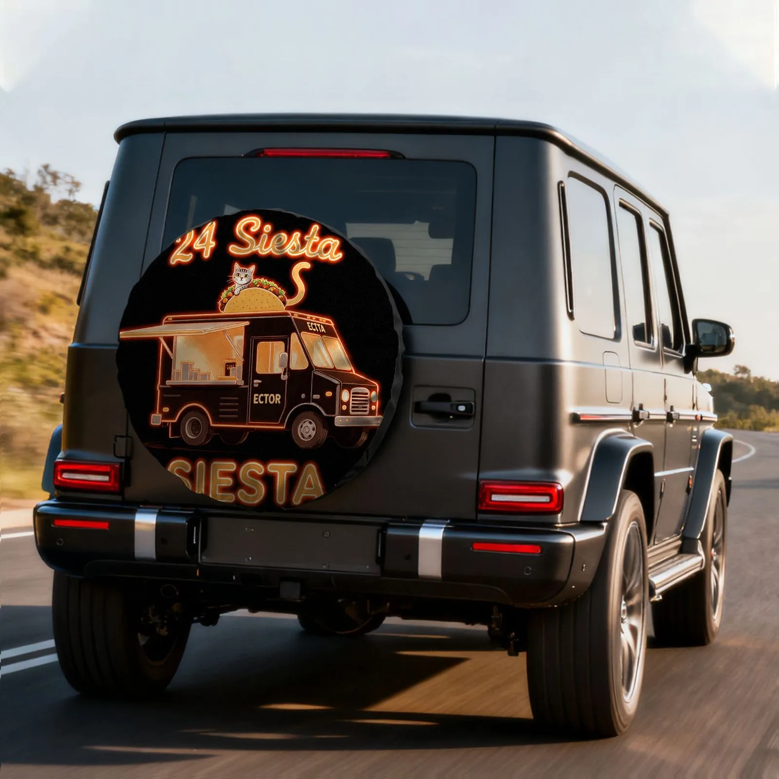 

Neon Taco Truck Cat Tire Cover Durable Polyester Spare Wheel Protector for SUV RV