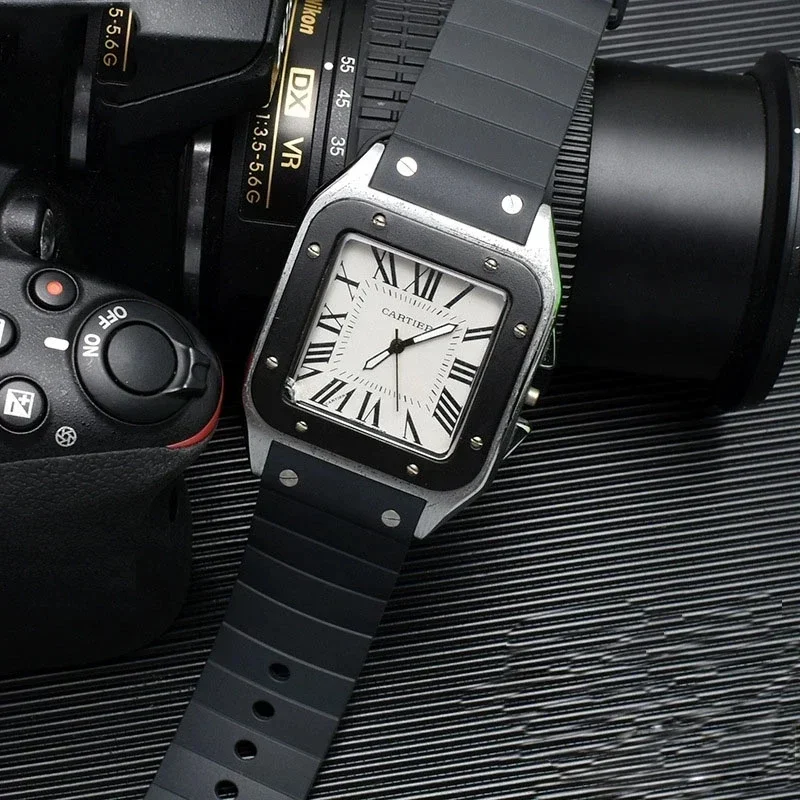 High quality Watch accessories Band For Cartier Santos 100 Rubber black Watch Strap 23mm Men's Women's Silicone Watch Bracelet