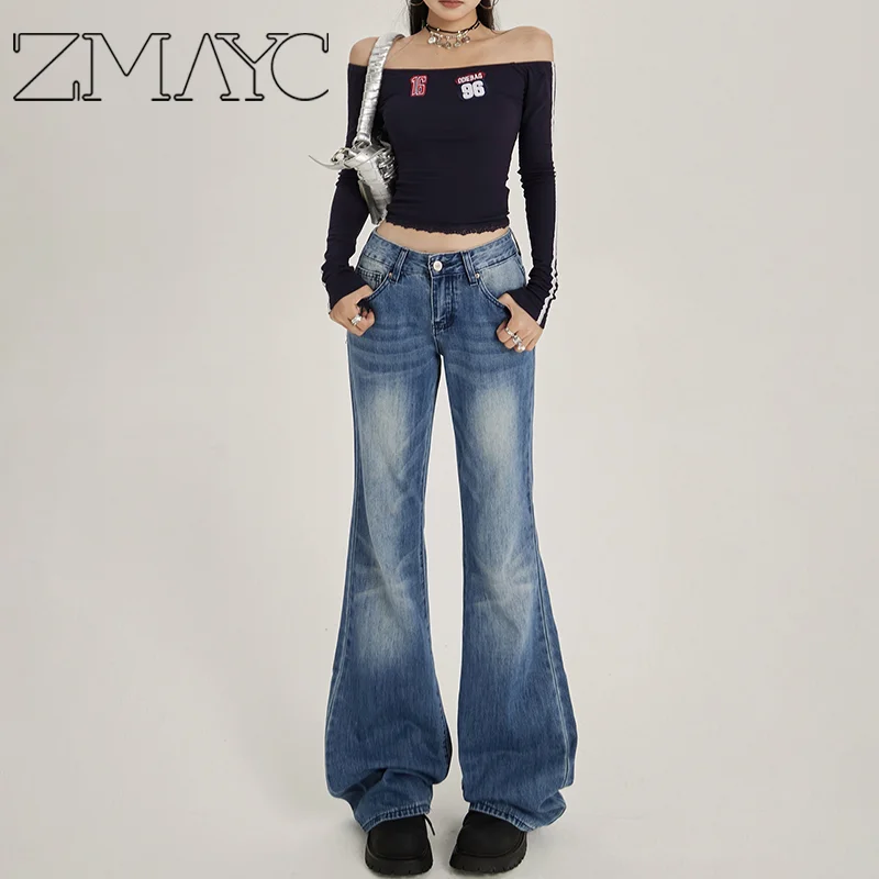 ZMAYC Women's Retro Style Slim Fit Flared Jeans New Chic Casual Low Waisted Pants Female All-match Denim Bell-bottoms Trousers