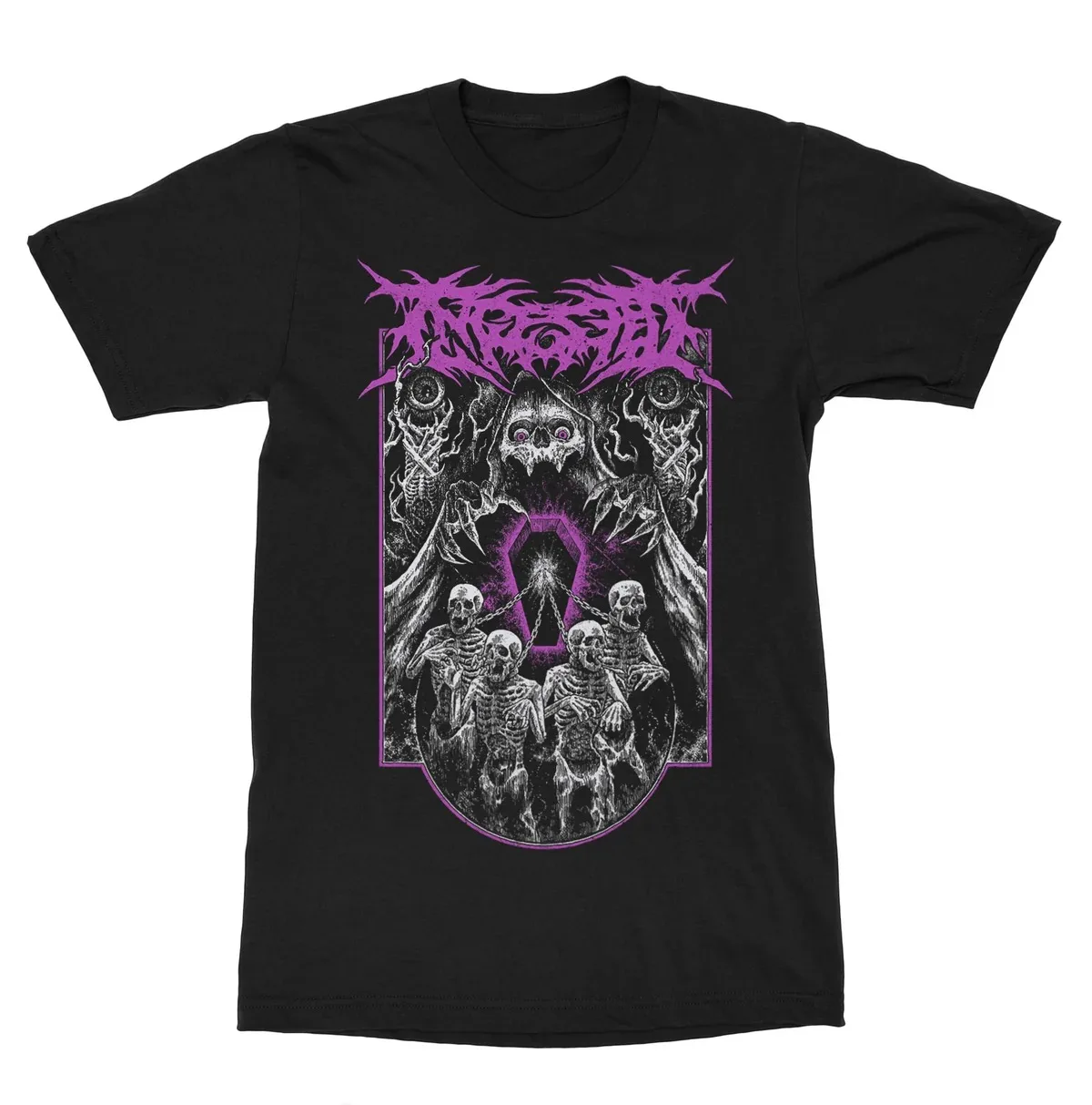 Ingested Band Horned Skull Crescent Moon Vintage Framed Double Sided Art Print T Shirt Death Metal Unisex Tee
