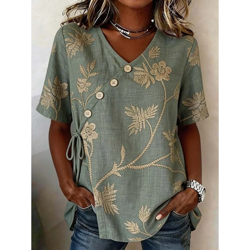 2026 New Women's Casual Floral Print Shirt Cross-Border Short Sleeve V-Neck Linen Blend Top for Spring Season