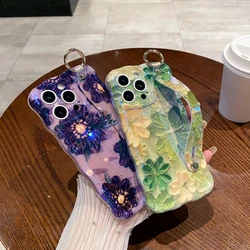 Luxury Laser Purple Flowers Wrist Strap Phone Case For Iphone 11 12 13 14 15 17 Pro MAX 16 Plus Shockproof Hand Band Soft Cover