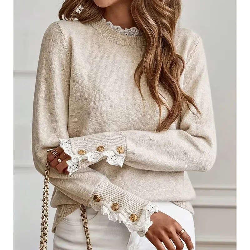

2026 Women's European Elegant Pullover Lace Decoration O Neck Long Sleeve Button New Autumn Winter Trendy Knitted Sweater