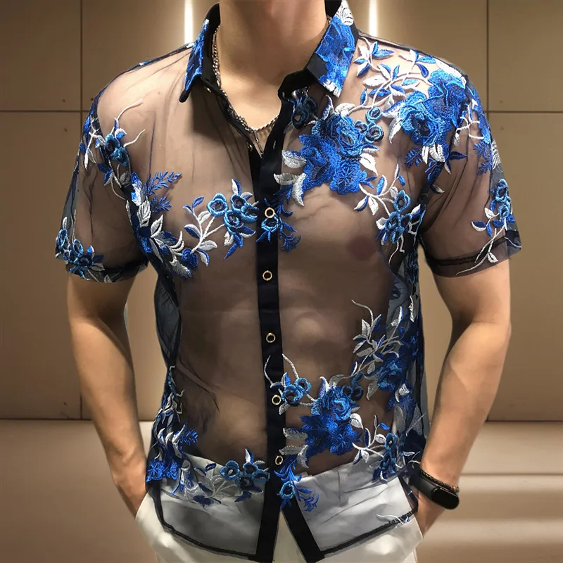 2025 Emboridery Camisa Hombre Slim Mesh Shirt Men Outfit Top4xl Flower See Through Shirt Club Party Shirt Sexy Transparent Shirt