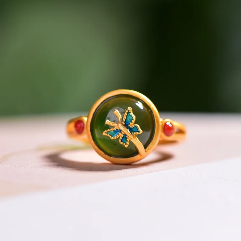 

Натуральный нефрит Хэтянь, яшма, круглая поверхность, серебро S925, женское позолоченное кольцо Linlang на палец