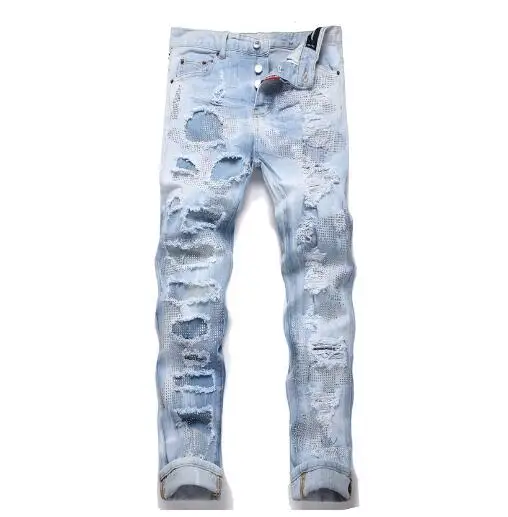 Jeans Jeans strappati neri da uomo Jeans con fori pantaloni in Denim stile High Street italiano pantaloni in Denim Slim Fit maschili di alta qualità taglia 38