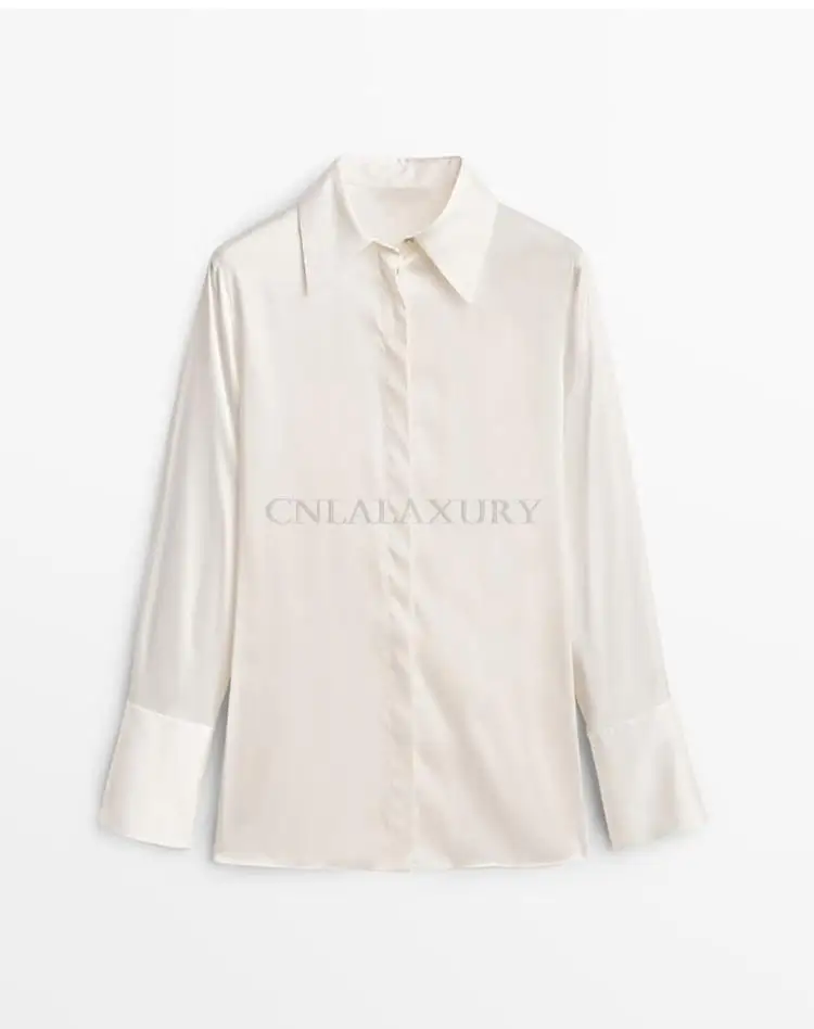 CNlalaxury Spring Autumn 2022 Women Turn Down Collar Satin Blouse Single Breasted Solid Color Casual Chic Shirt Tops For Fashion