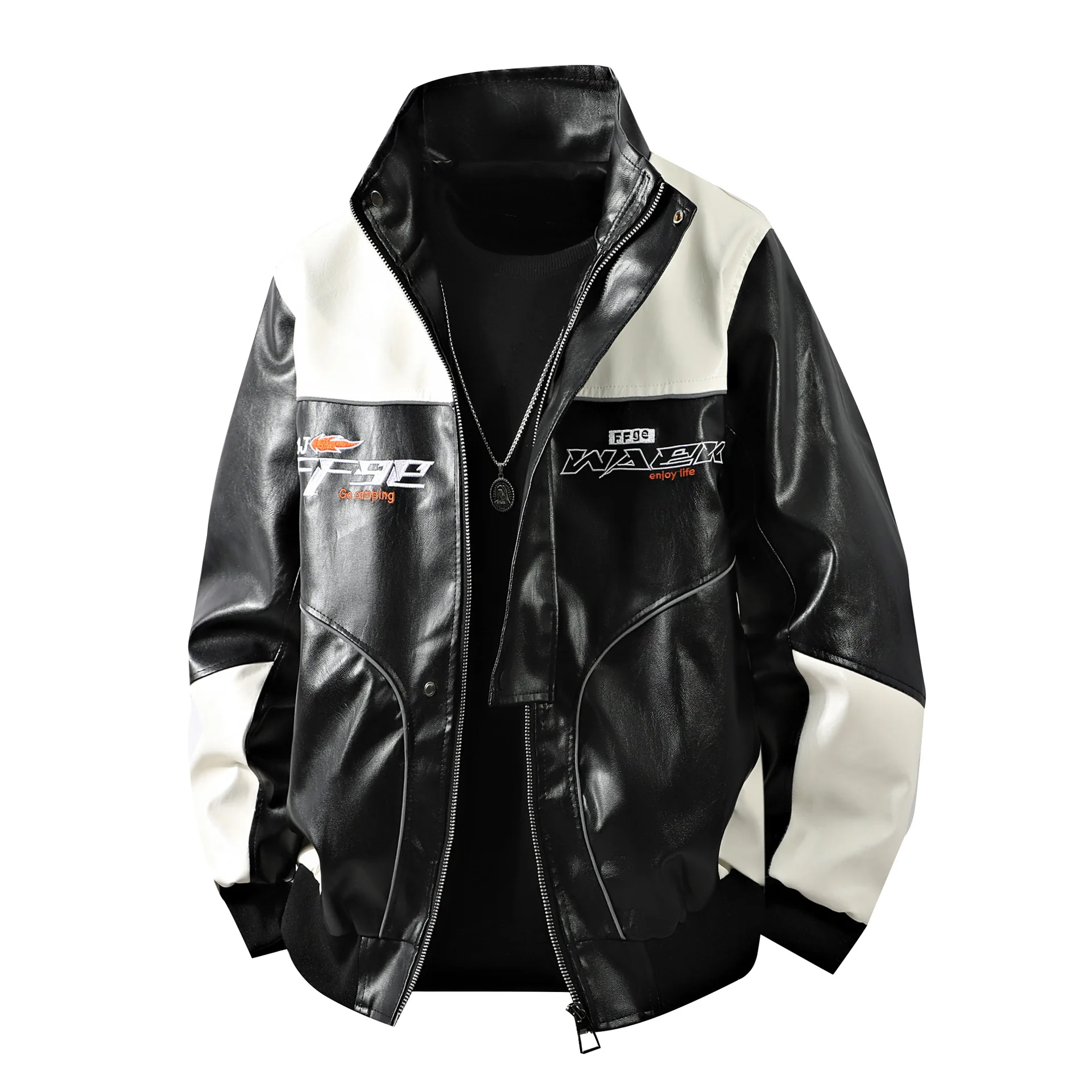 

Autumn Men Leather Jacket Streetwear Motorcycle Punk Contrast Color Male Outerwear Stand Collar Long Sleeve Pocket Man Coat