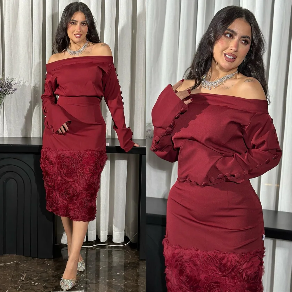 

Customized Formal Burgundy Evening Dress Classic Off the Shoulder Long Sleeves Homecoming Dresses Flowers Vestido De Festa