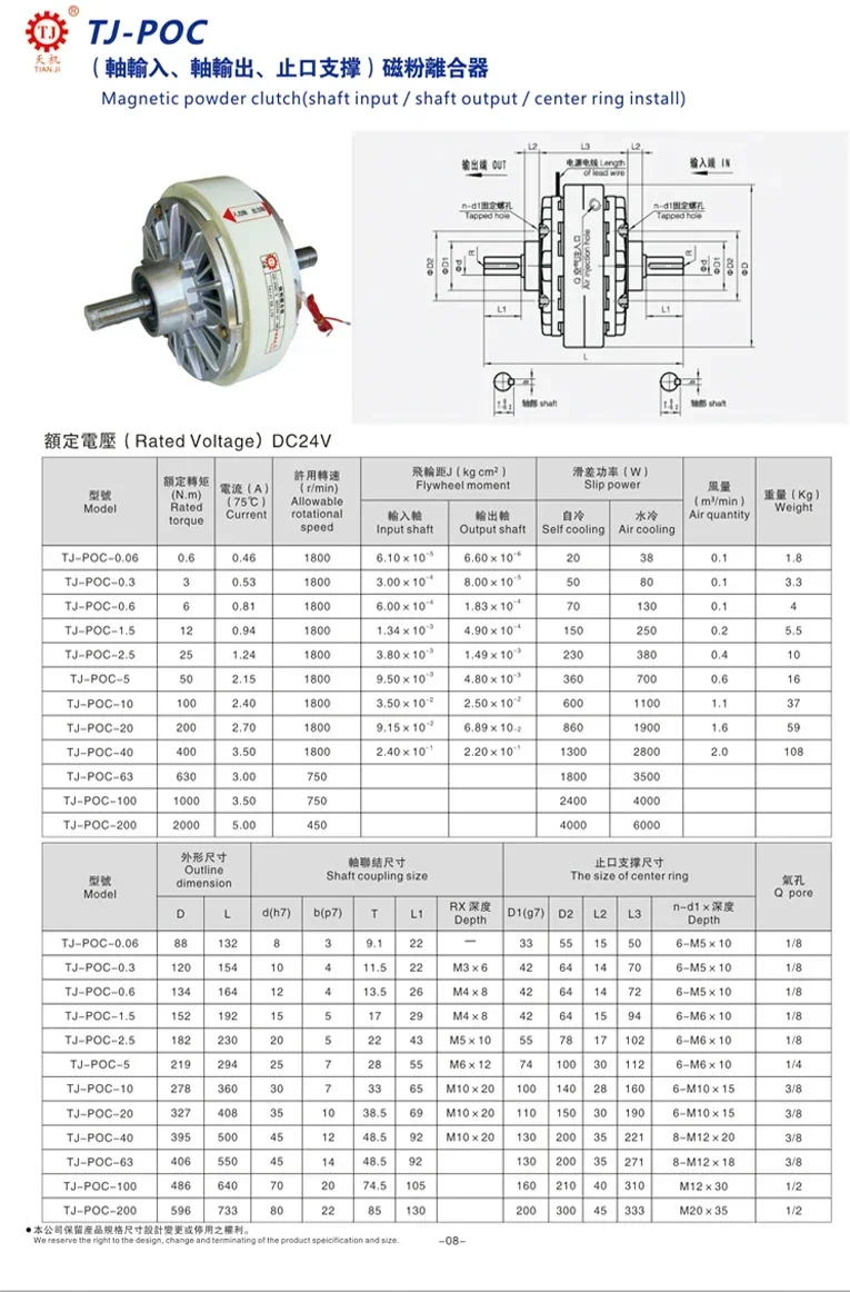 Tianji Clutch POC-5 DC24V 51.5W Double Axis Magnetic Powder Clutch