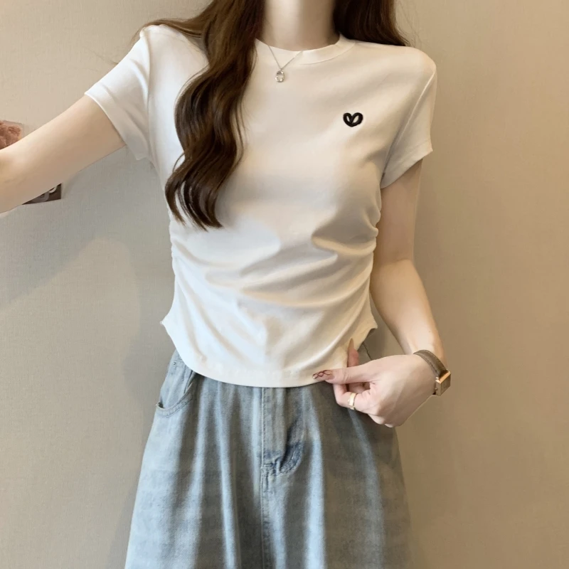Women's T-shirt O-neck Short Sleeve Solid Color Casual Fashion Tees Woman Summer Clothes Women  Korean Popular Clothing Top Love image 5