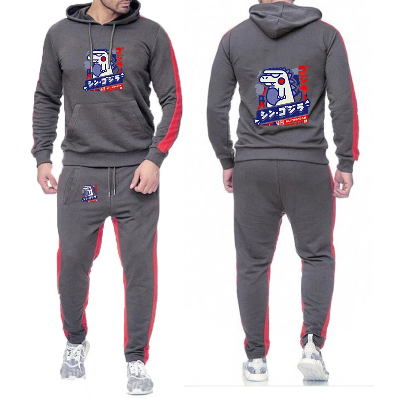 

2026 Harajuku Kawaii Animal Print Spring Autumn Men's New Simple Solid Color Versatile Lightweight Hoodies+Sports Pants Suits