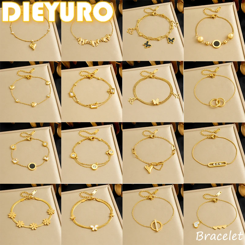 DIEYURO 316L Stainless Steel Golden Heart Geometry Zircon Minimalist Series Bracelet Lady New Waterproof Wrist Chain Jewelry