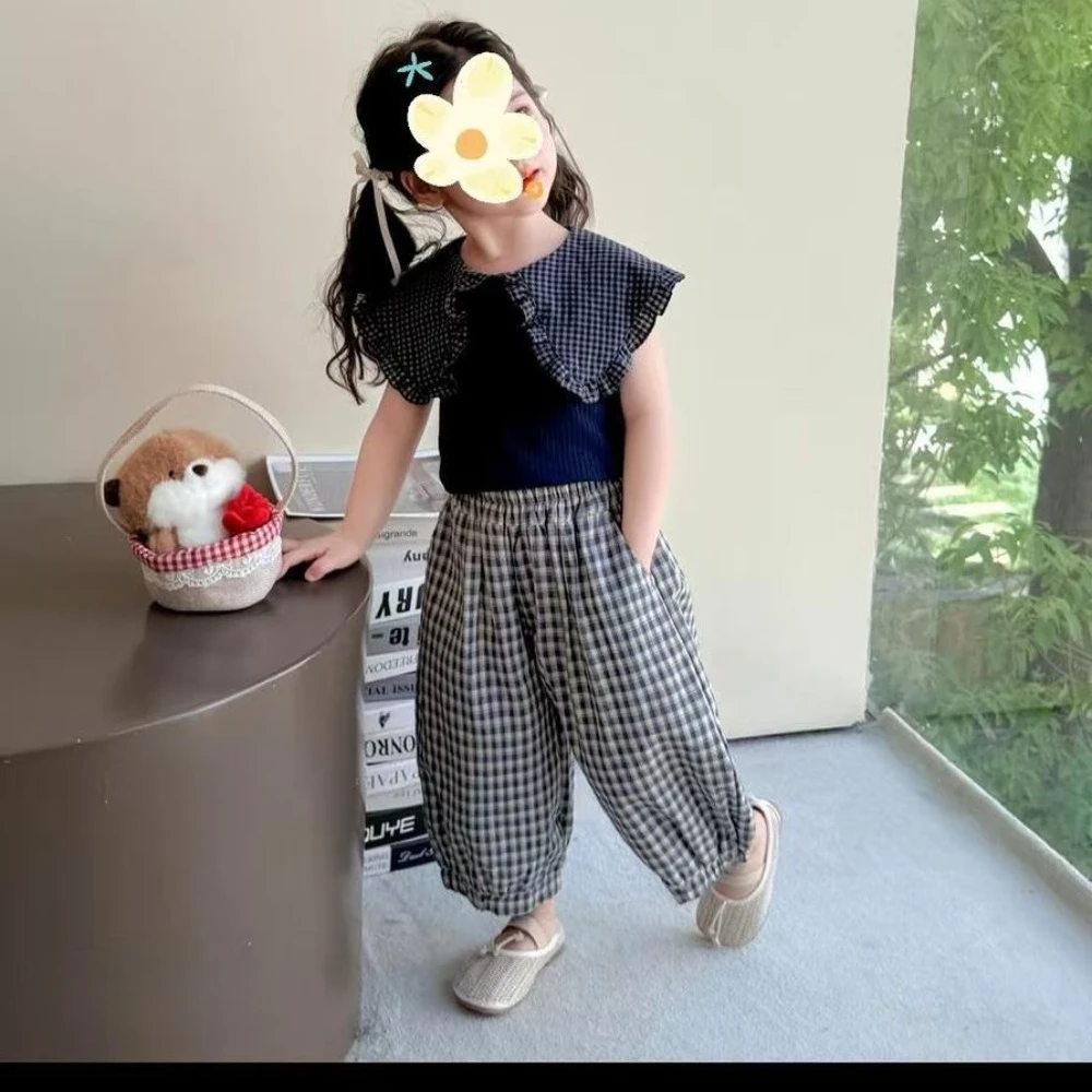 Корейская версия, модный клетчатый костюм с воротником, топ без рукавов и брюки-фонарики с карманами, комплект из двух предметов для одежды для девочек