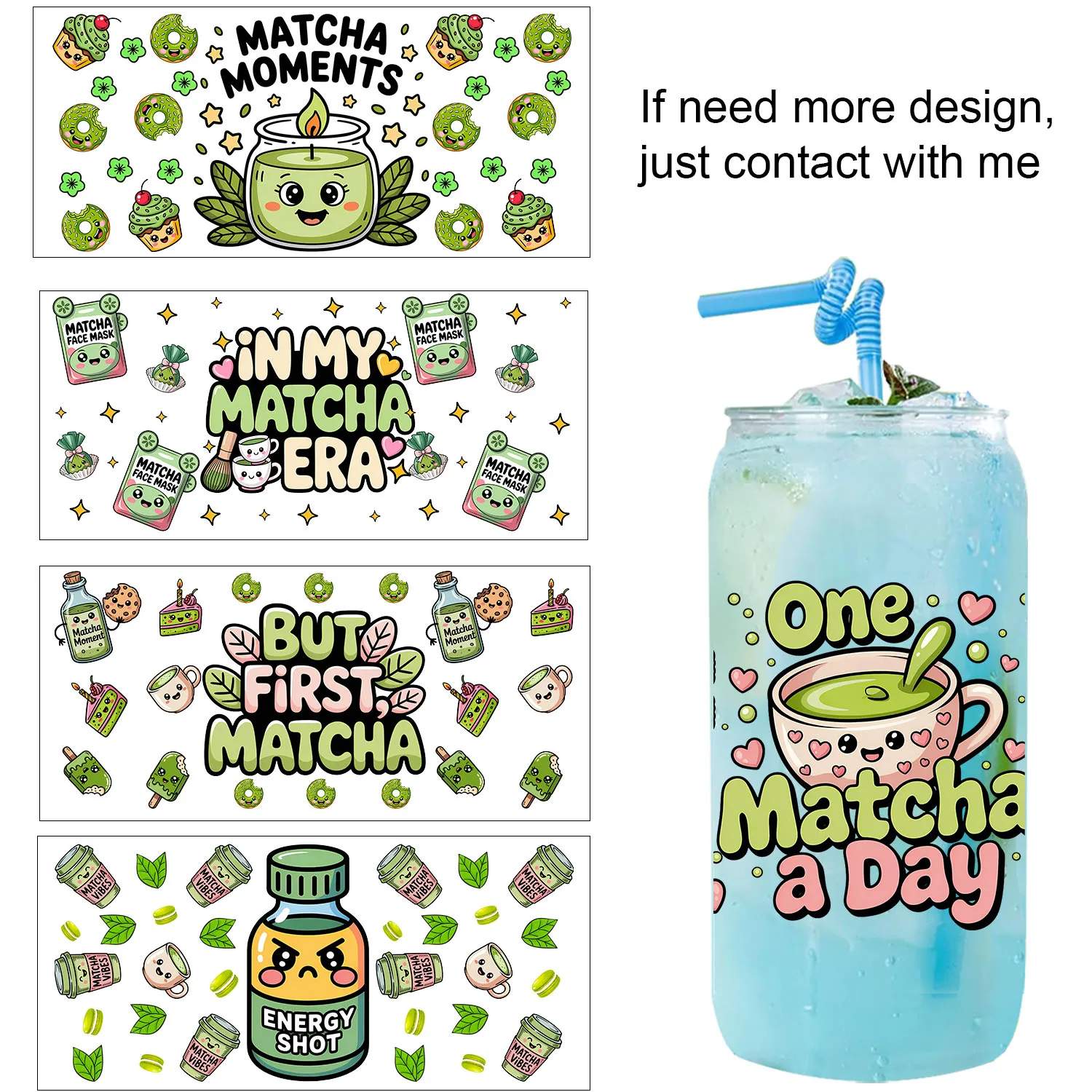 I love matcha series easy peel водонепроницаемые наклейки для вечеринок DIY 3D transfers uvdtf наклейки на тумблер 16 унций УФ dtf чашки обертывания