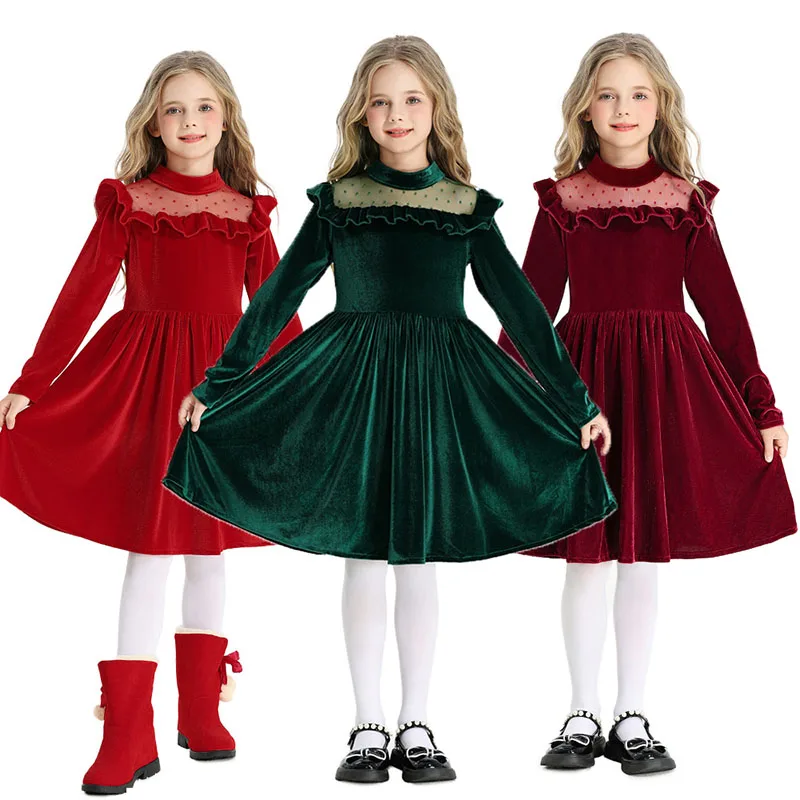 

Red Christmas Dress For Girls Ruffled Edges Long Sleeve Girls Party Dresses Autumn Winter Plush Kids New Year Princess Dress