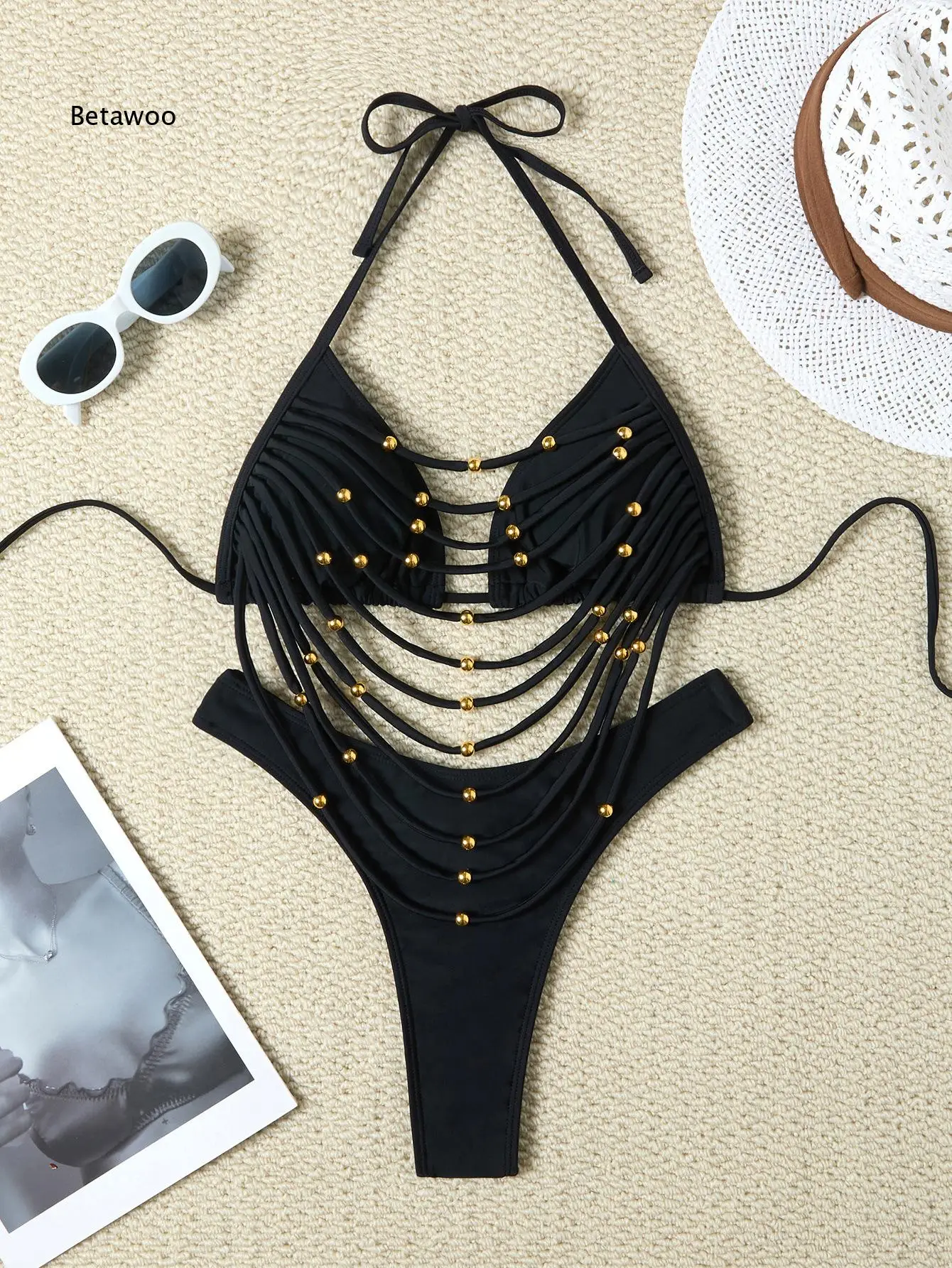 Women Solid Color Hollow Out Separated Bikini Swimwear Soft Stretchy Fabric Stylish Swim Outfit For Seaside Travel Pool Party Su