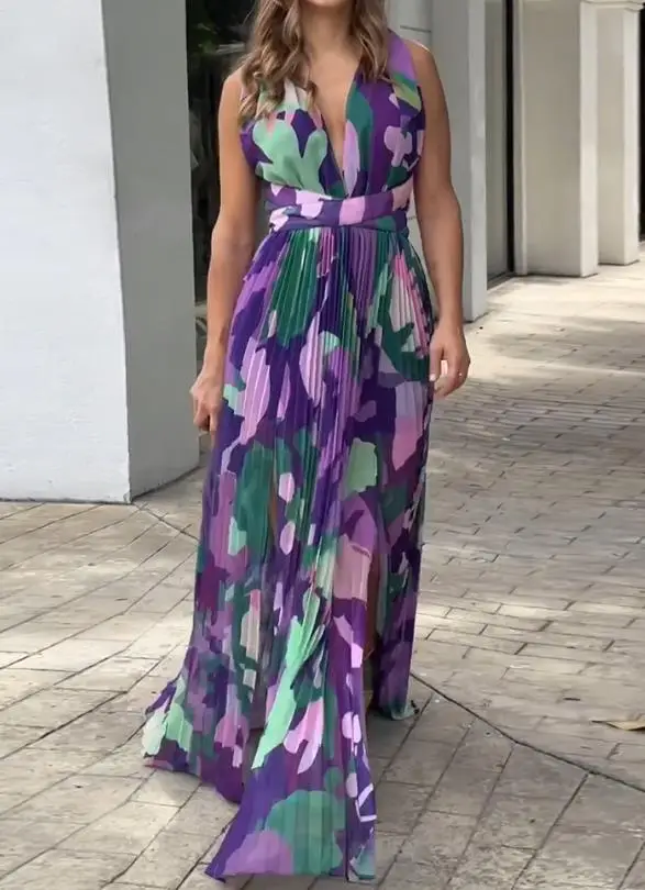 Dresses 2023 Summer Fashion Sleeveless Vacation Floral Print Plunge Criss Cross Backless Slit Maxi Dress Women's Clothing