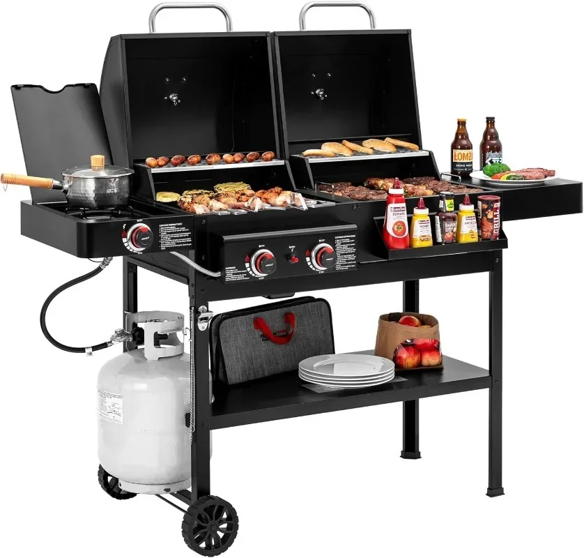 ZH3005 2-Burner Gas and Charcoal Combo Grill with Side Burner, 34,000 BTU Dual Fuel Grill, 823 Sq. In. Cooking Area, for Outdoor