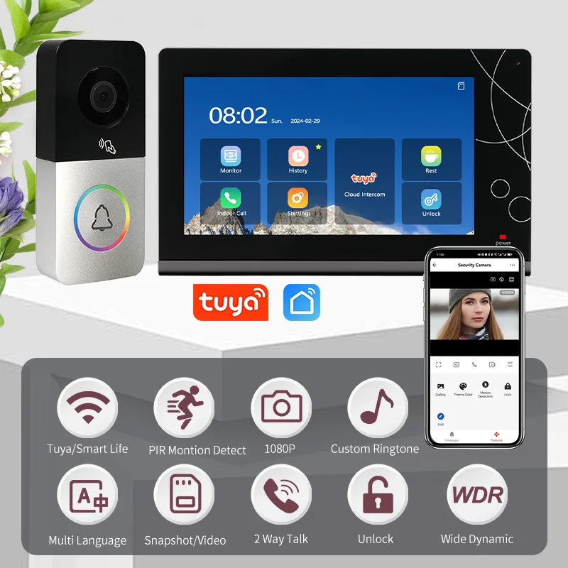 7 Inch IP Door Intercom System HD Night Vision Support PIR Video Recording  Smart Video Intercom Doorbell
