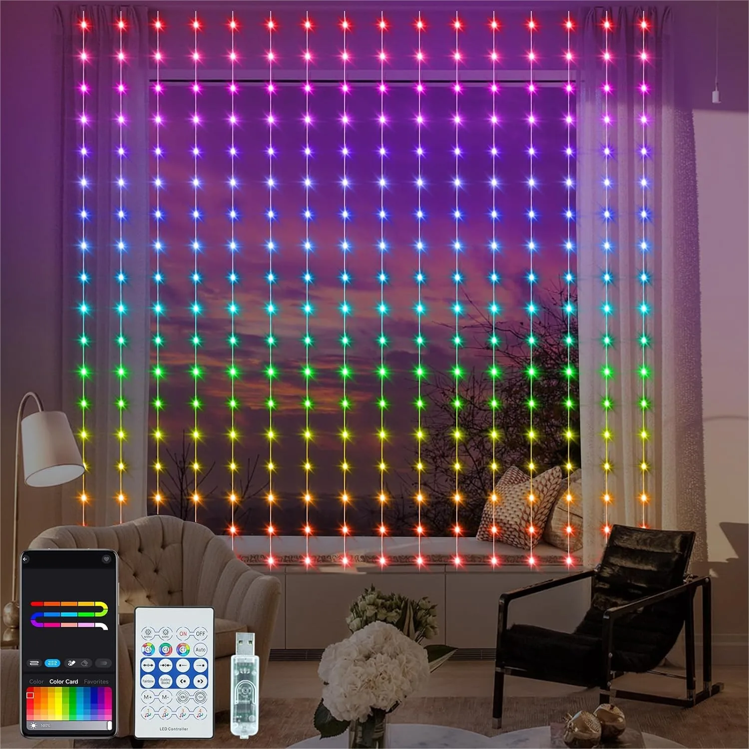 

Smart Curtain Lights RGB 5050 Built In Chip, Color Changing Curtain Lights With Music Sync APP Remote Control, 8Ft X 6Ft 144LED USB Powered Fairy Lights For Party Patio Garden Decor