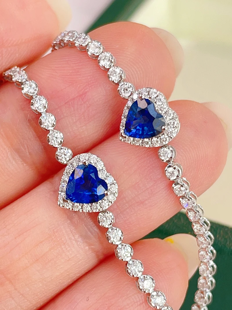 LUOWEND 100% 18K White Gold Bracelet Romantic Heart Shape Shiny Diamond Natural Sapphire Bracelet for Women High Wedding Jewelry