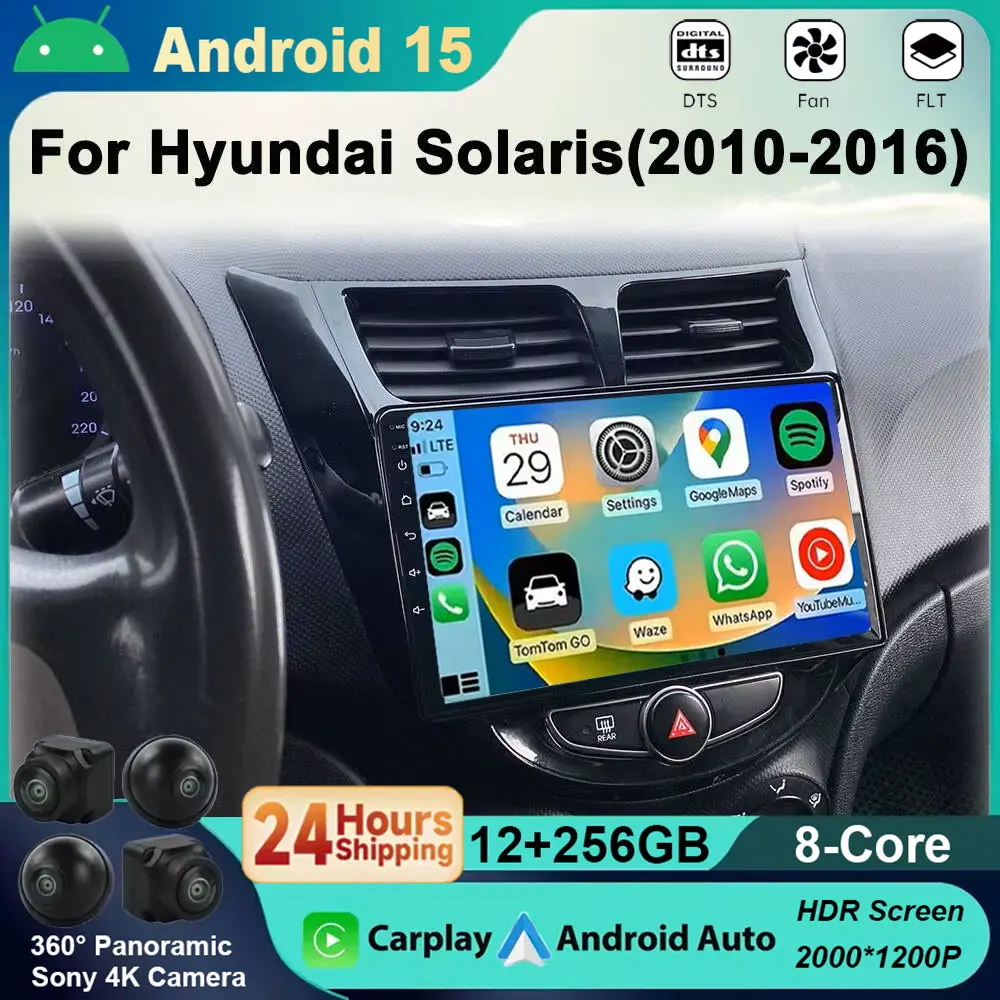 Android 15 Wireless Carplay Auto Stereo Screen For Hyundai Solaris 1 2010-2016 Car Radio Multimedia player google GPS 4G WIFI BT