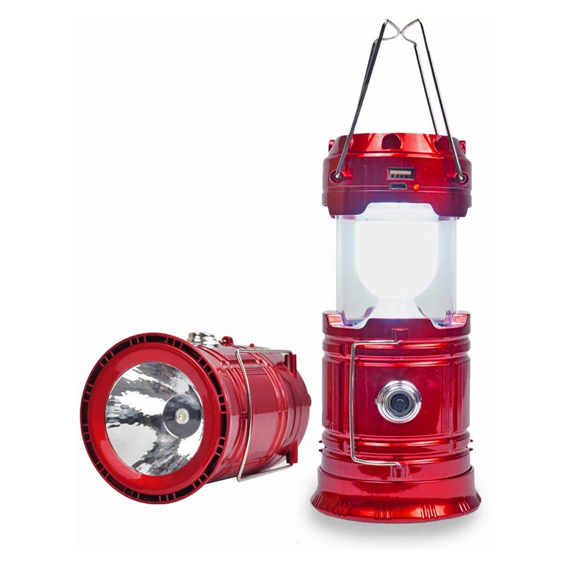 Solar Camping Lantern Rechargeable USB LED Lantern Flashlight 2 Power Supply Modes Survival Kit (Red 2