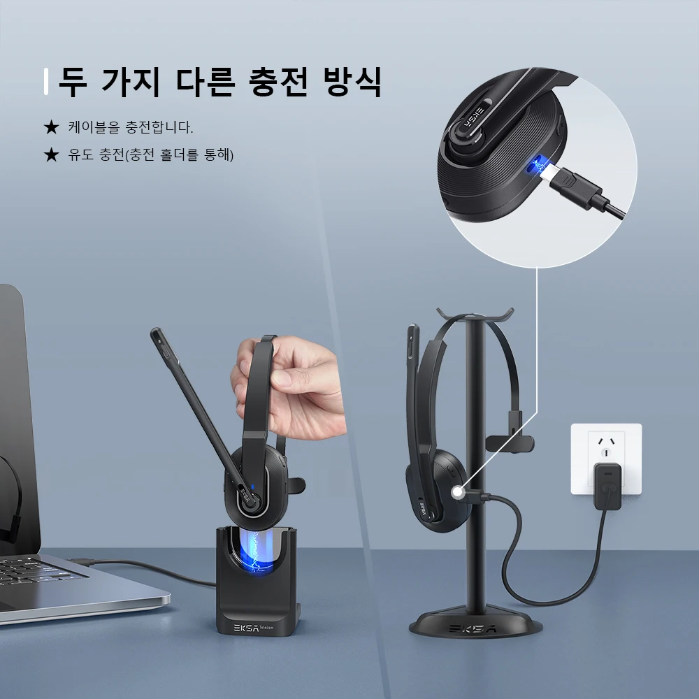 EKSA - H5 Bluetooth 5.0 Headsets, PC Wireless Headphones, 2 Mics ENC Earphones, with Charging Base USB Dongle for Office