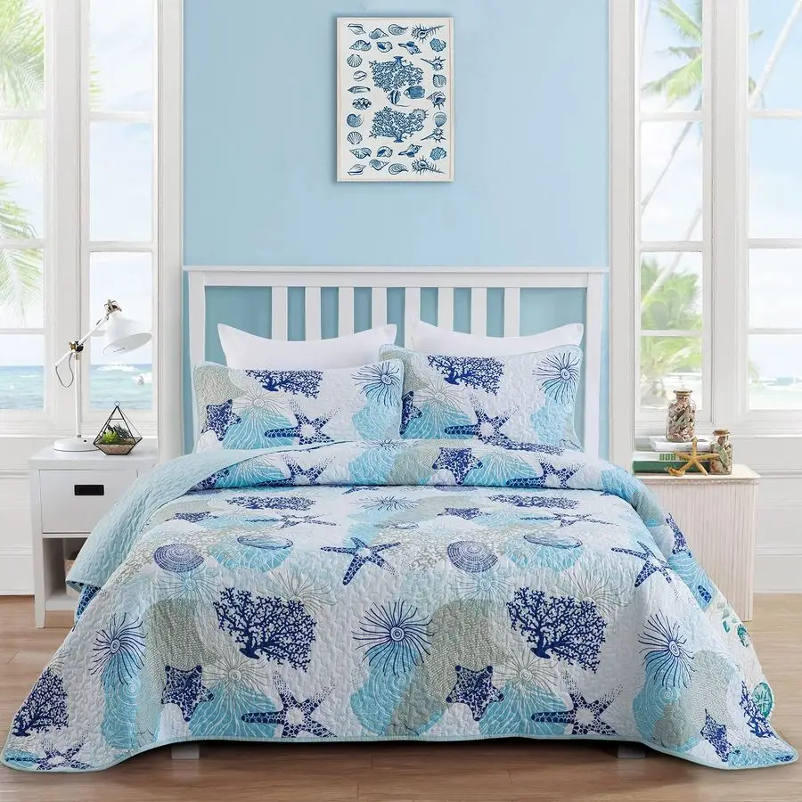 

Coastal Quilt Set Queen Size, Blue Ocean Beach Themed Bedding Set Coral Seashell Conch Starfish Pattern Microfiber Lightweight S