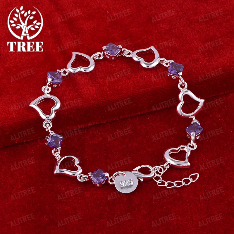 

Couple 925 Sterling Silver Purple Zircon Heart Bracelet Women Charm Engagement Wedding Party Beautiful Jewelry Accessories