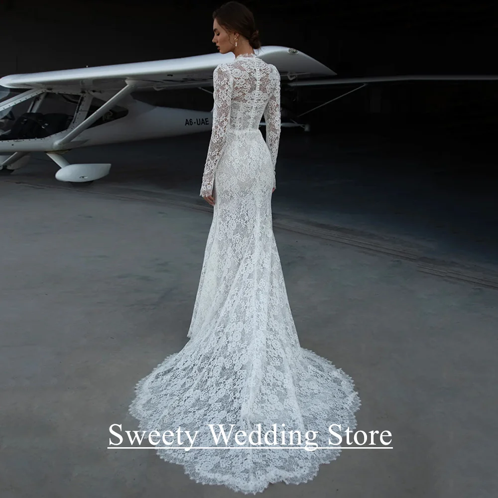 Abito da sposa romantico Abito da sposa a sirena in pizzo Personalizzato scollo a V maniche lunghe Corte dei treni Donna Abiti da sposa arabi