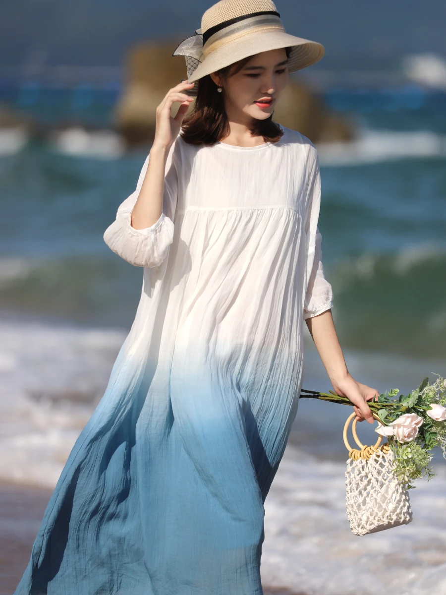 

Women Summer Loose Oversized Dress With Gradient Light And Thin Ramie Double Layer Hem Dress Ladies Casual Holiday Clothing X976