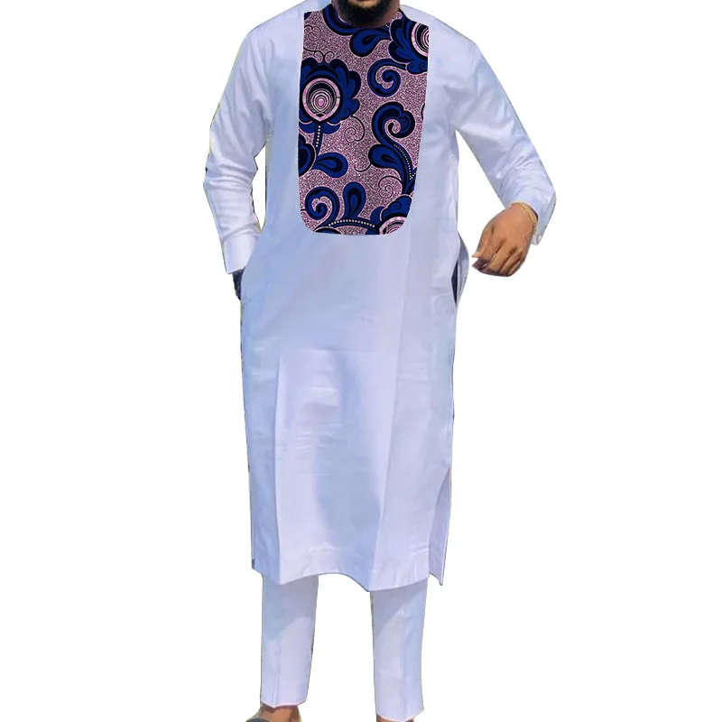 African Muslim Robe White Men\'s Sets Middle Eastern Clothing Patchwork Long Shirts+Solid Trousers Male Wedding Groom Suits