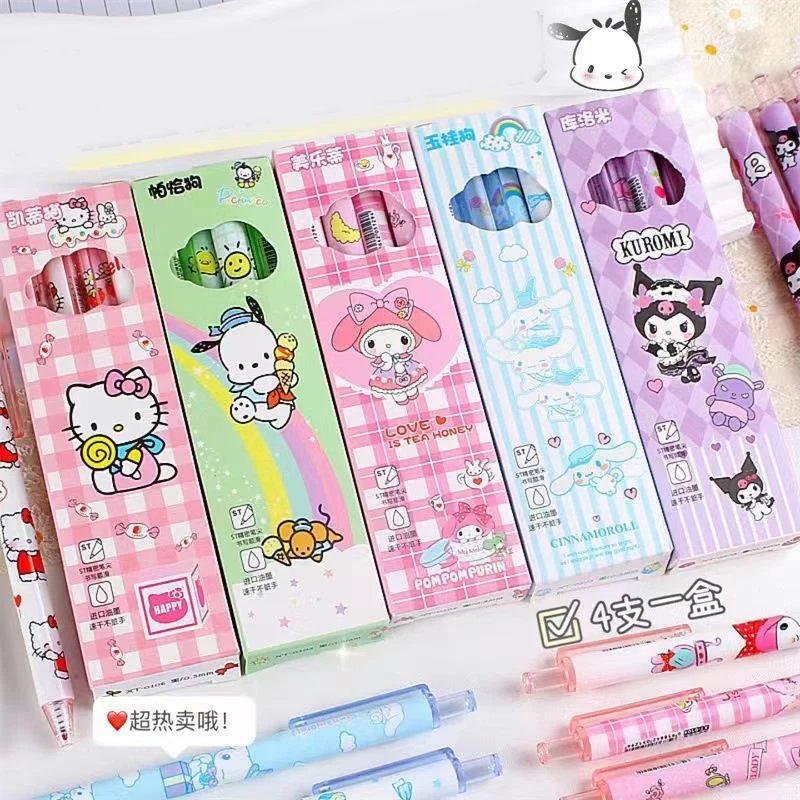 

Набор из 4 гелевых ручек Sanrio Hello Kitty: черные быстросохнущие ручки Kuromi и Cinnamoroll, 0.5 мм, нажимные шариковые ручки, канцелярские товары для студентов, подарки