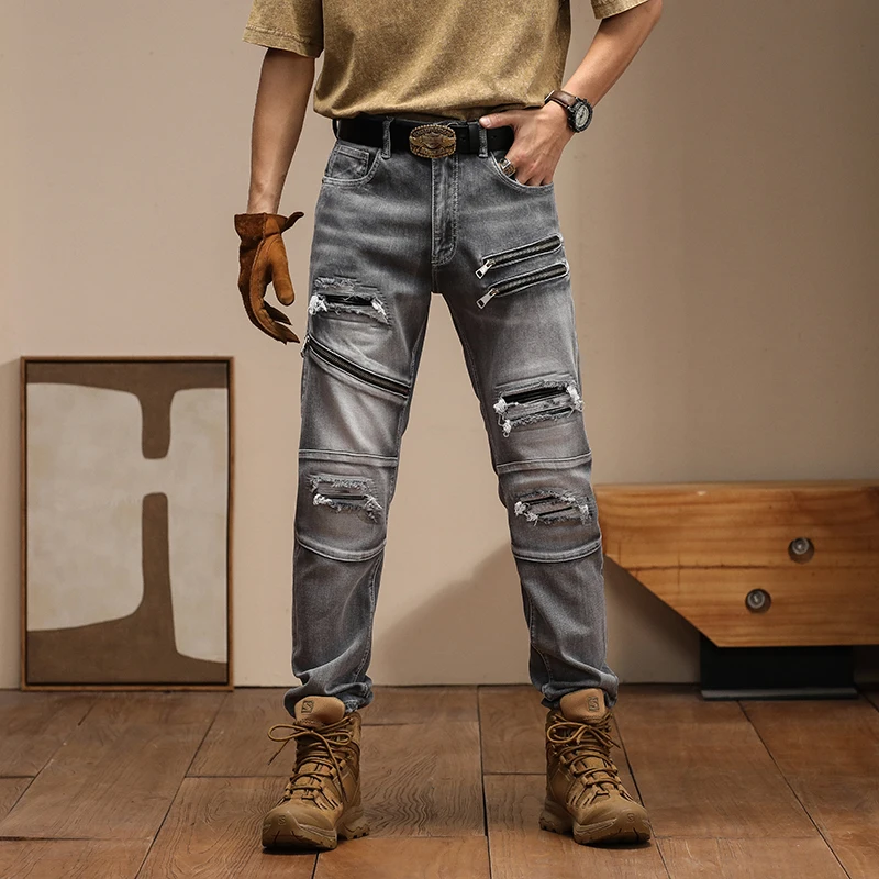 New American High Quality Trendy Slim Fit Zipper with Ripped Patch Motorcycle Feet Pants Vintage Jeans for Men Skinny Jeans Men