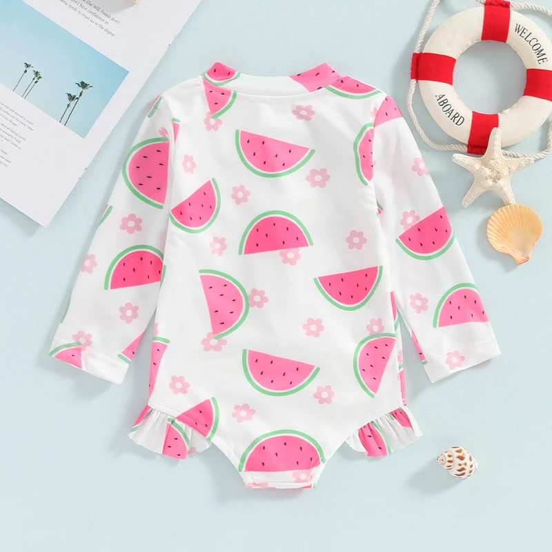 6M-4T Baby Girl Swimsuit Summer Fruit Print Pleated Long Sleeved Monokini Toddler Swimsuit Beach Cute Swimsuit Beachwear