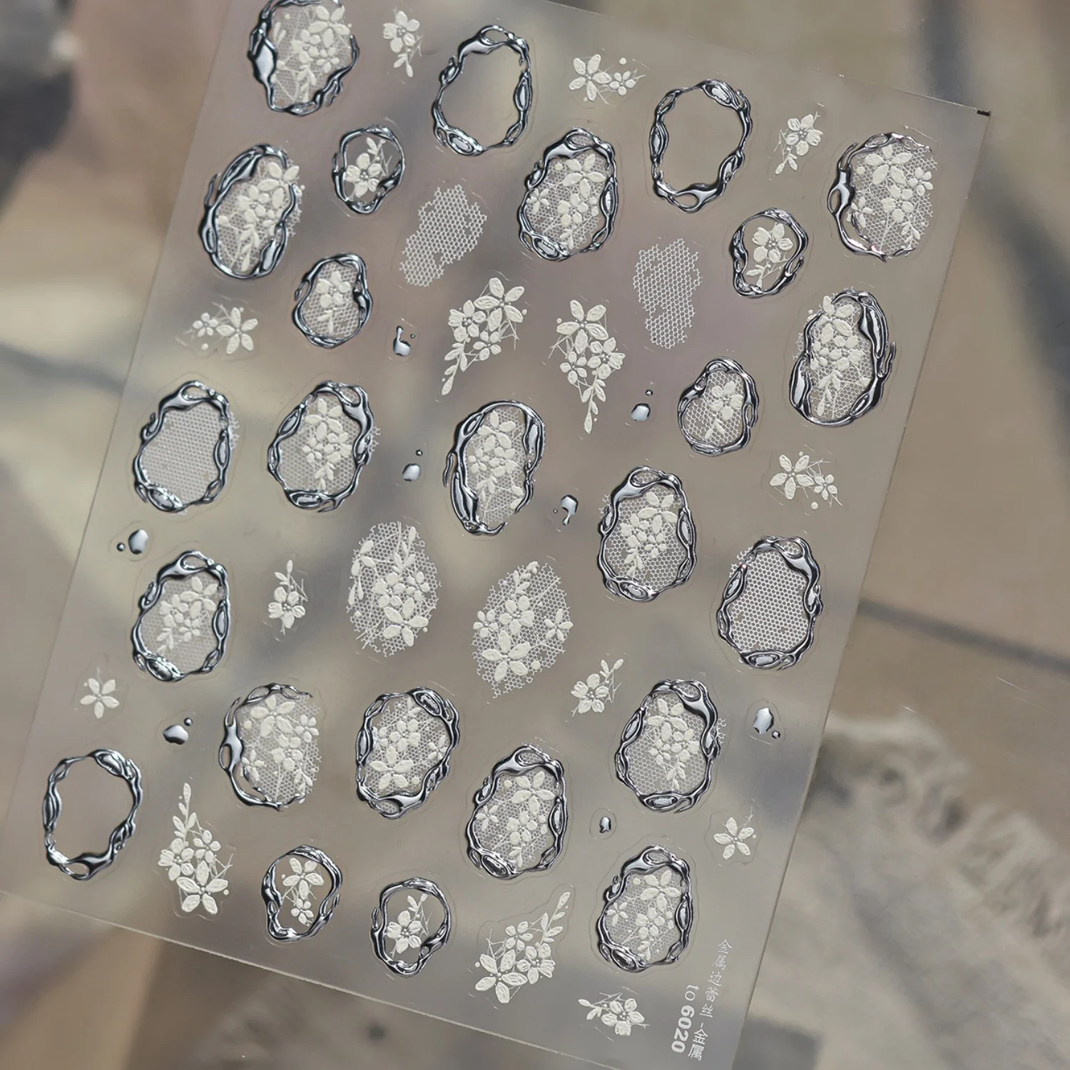 French Lace Retro 5D Nail Art Stickers Metal Rim Hollow Lace Mesh White Flower Water Drip Decal Self Adhesive Delicate Manicure view 5