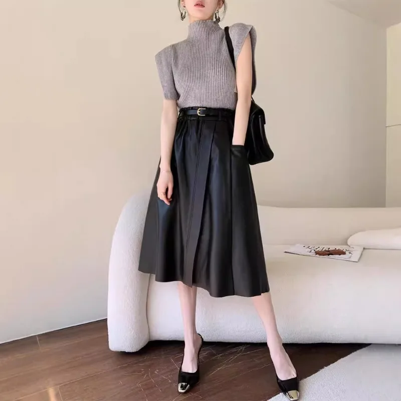 

Women Sheepskin Skirt High Waist Long Leather Autumn Skirt Umbrella Skirt