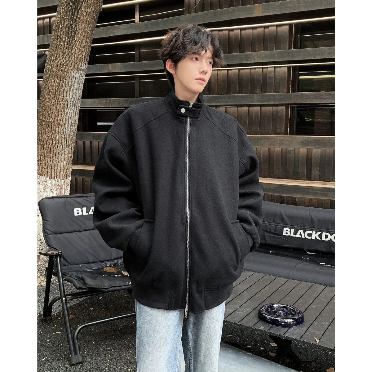 

Basic Color Men's Jaet Casual Loose Fit Stand Collar Retro American Sle High End Feeling Autumn Season Outerwear