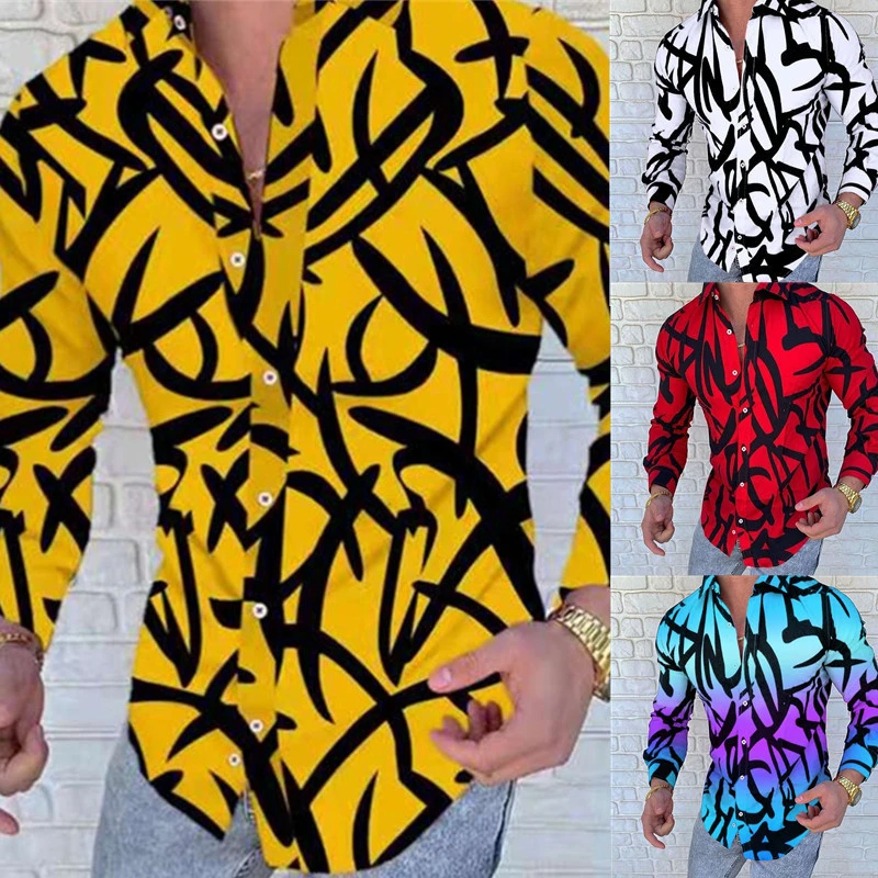 

Fashion Hawaii Shirts Vintage Graphic Stripe Print Blouse Men Fashion Shirt Long Sleeve Beach Camisa Men Holiday Clothing Lapel