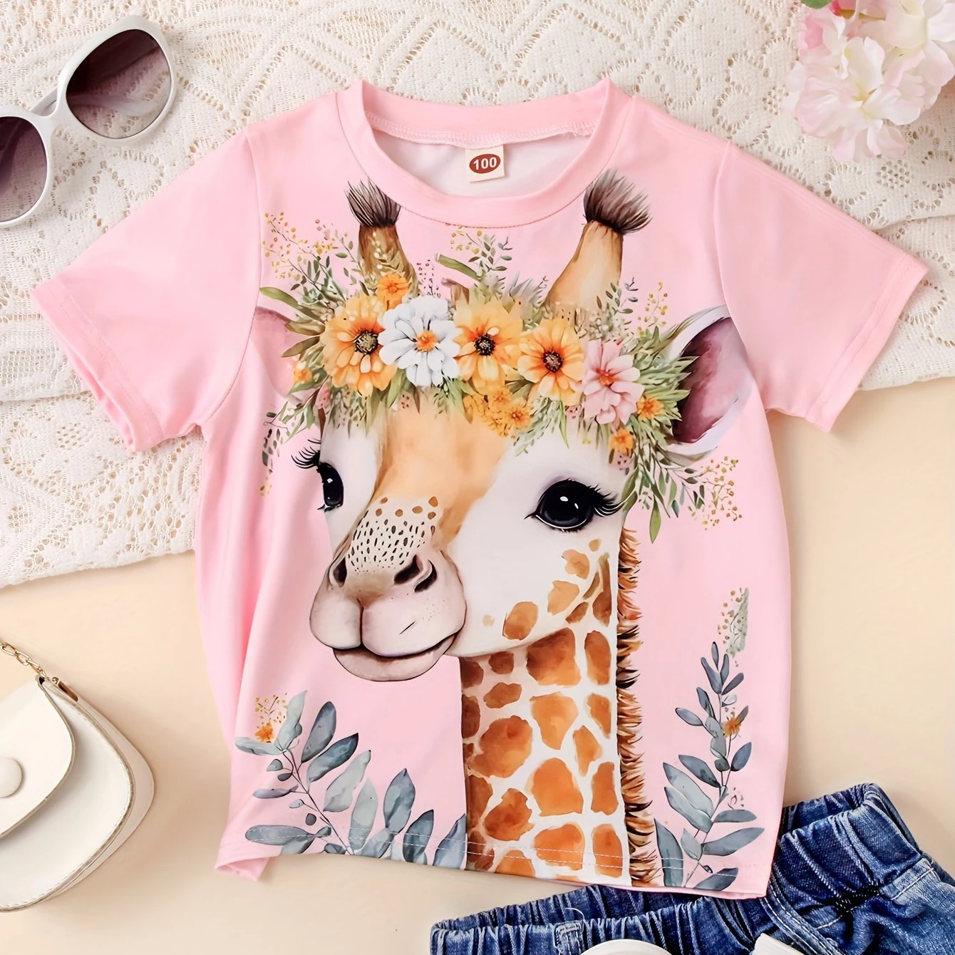 

2024 Girl Summer Cute Giraffe Print Short Sleeve T-Shirt for Girls Comfortable Kids Clothes Crew Neck Tee Tops Teen Girl Clothes