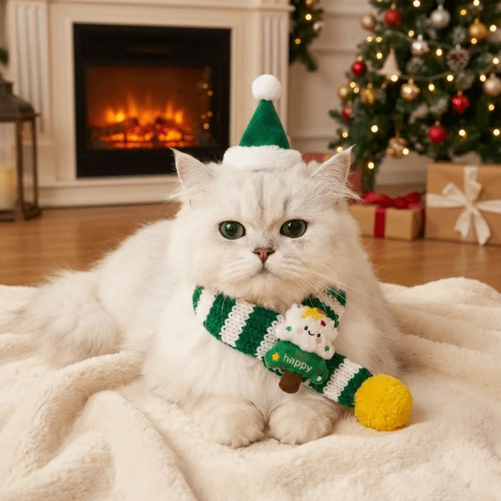 Cute Soft Pet Christmas Scarf Santa Claus Warm Pet Christmas Hat Red Green Stripe Comfortable Pet Neck Warmer New Year