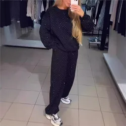 Women's Pants Suit Autumn New O-neck Hot Diamond Long-sleeved T-shirt Drawstring Sweatpants Fashionable Ladies 2-piece Sets