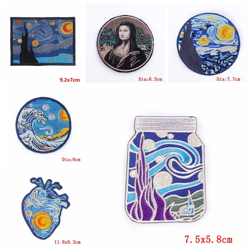 Prajna Wholesale 10PCS Starry Night Embroidered Patches For Clothes DIY Iron On Patches For Clothing Van Gogh Patch For Clothes